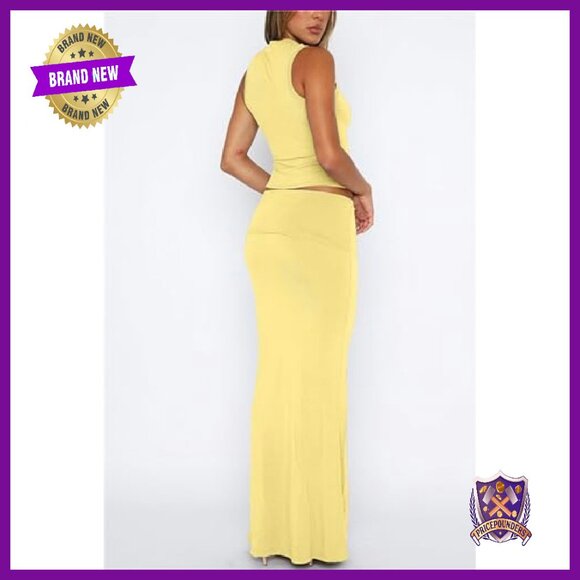 Women's 2 Piece Skirt Set Sleeveless Crop Top Maxi Bodycon Y2K Outfit - Picture 6 of 8